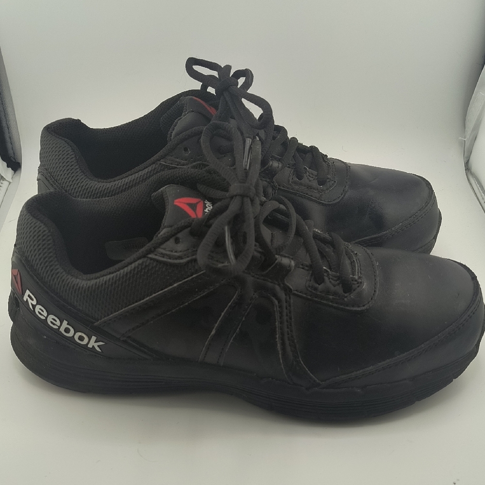 Steel Toe Work Reebok Black Athletic Shoes with Red Logo